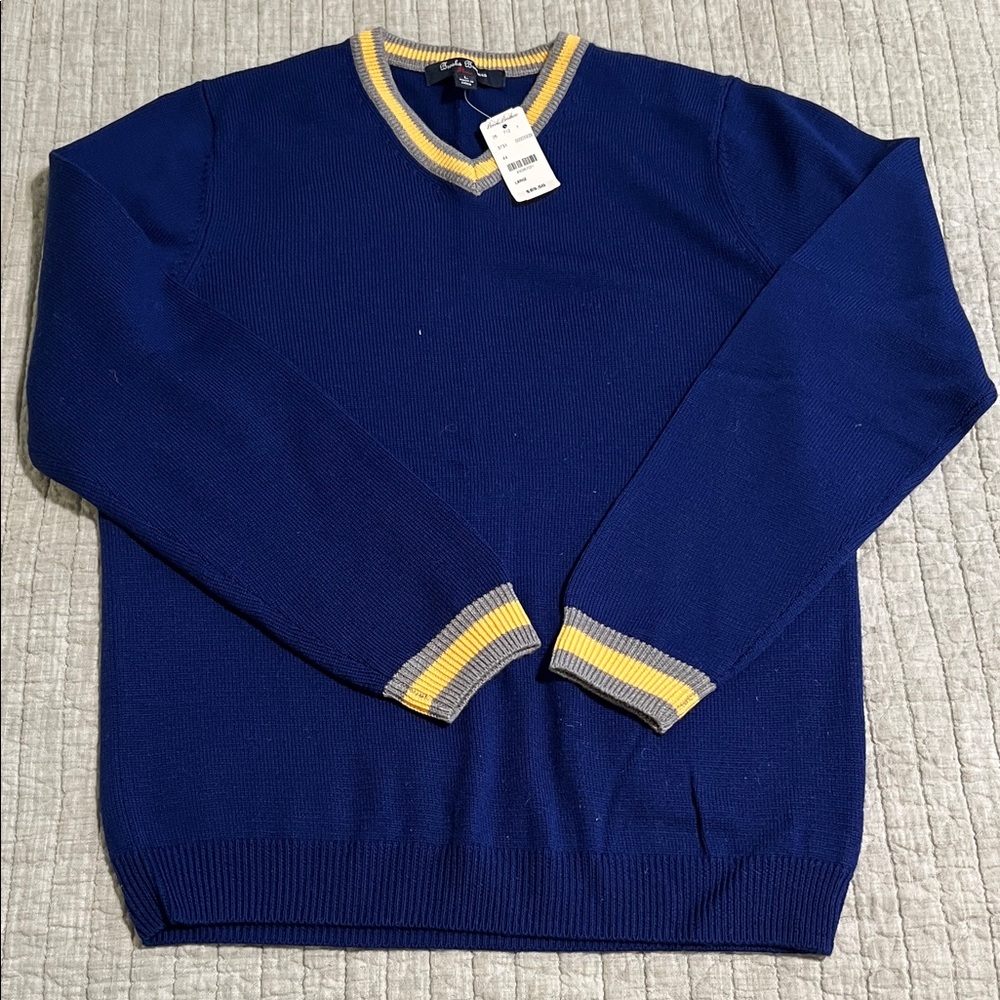 🔥🔥BROOKS BROTHERS Boys Blue V-Neck Sweater with Yellow and Gray Accents